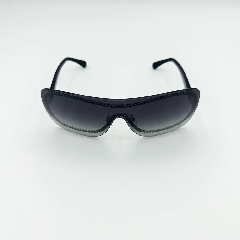 CHANEL Smoke Grey Black Sunglasses Gold Chain Detail Luxury Authentic Designer